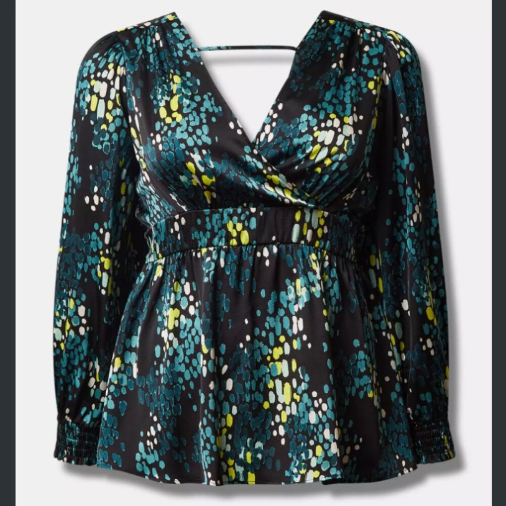 Torrid Satin Surplice Tie Cut Out Back Long Sleeve Blouse